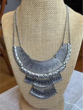 Boho Silver Tone Statement Bib Necklace Geometric Tribal Pendant